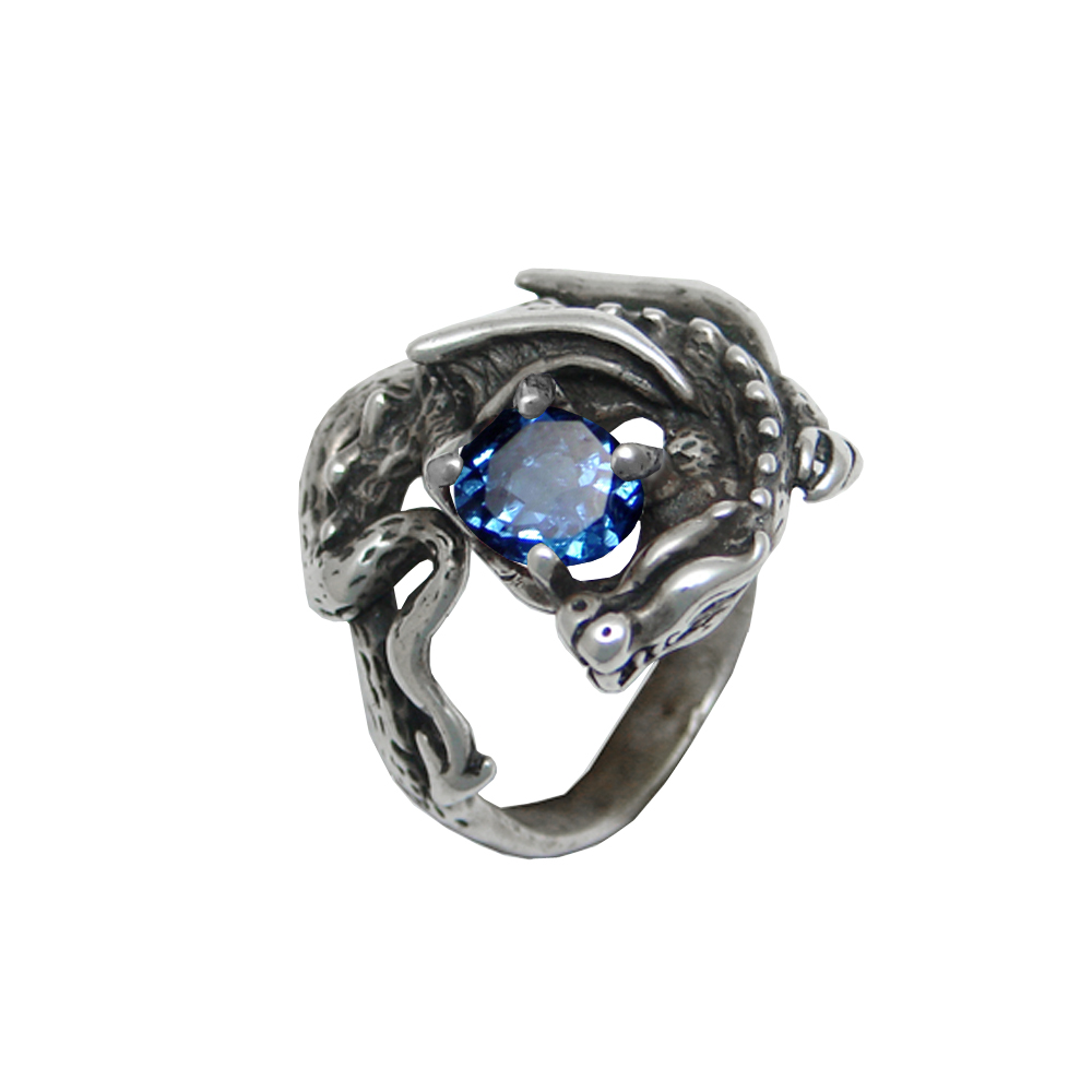 Sterling Silver Detailed Dragon Ring With Siberian Blue Quartz Size 8